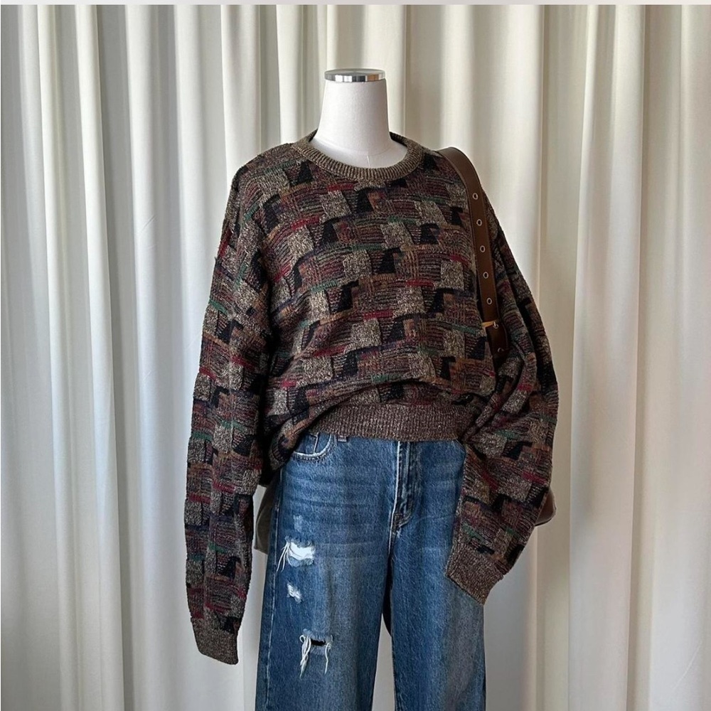 Vintage 90s Coogi Style Textured Knit Sweater Earth Tone Grandpa. - Picture 4 of 8